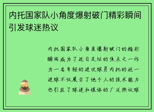 内托国家队小角度爆射破门精彩瞬间引发球迷热议