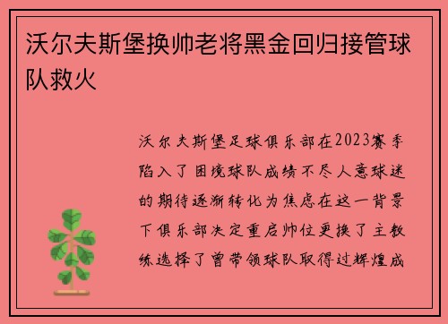 沃尔夫斯堡换帅老将黑金回归接管球队救火 沃尔夫斯堡换帅老将黑金回归接管球队救火