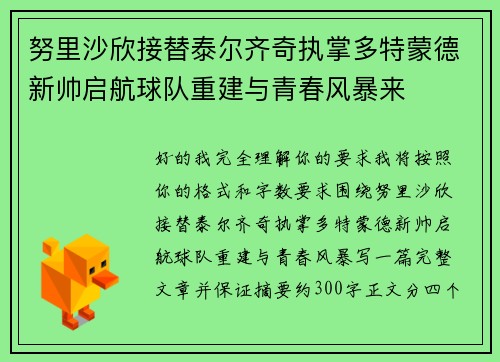 努里沙欣接替泰尔齐奇执掌多特蒙德新帅启航球队重建与青春风暴来